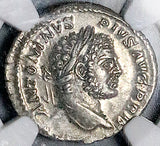 213 NGC Ch XF Caracalla Roman Empire Denarius Rare Emperor Attendant (26091701C)