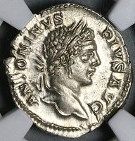 207 NGC AU Caracalla Roman Empire Denarius Securitas Throne Altar (25052802C)