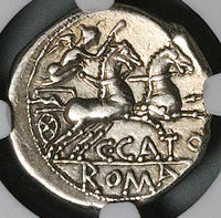 123 BC NGC Ch VF Roman Republic AR Denarius Porcius Cato Biga Victory (25051501D)