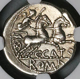 123 BC NGC Ch VF Roman Republic AR Denarius Porcius Cato Biga Victory (25051501D)