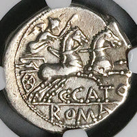 123 BC NGC Ch VF Roman Republic AR Denarius Porcius Cato Biga Victory (25051501D)