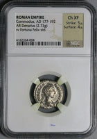 179 NGC Ch XF Commodus Roman Empire Denarius Fortuna Rare Portrait (24120301C)