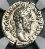 184 NGC VF Commodus Denarius Roman Empire Jupiter Thunderbolt Britain Victory (26050703C)