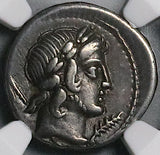 82 BC NGC VF Crepusius Roman Republic Apollo Horseman Spear Denarius (26041102C)