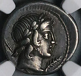 82 BC NGC VF Crepusius Roman Republic Apollo Horseman Spear Denarius (26041102C)