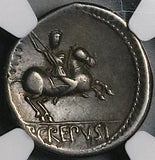 82 BC NGC VF Crepusius Roman Republic Apollo Horseman Spear Denarius (26041102C)