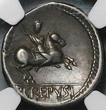 82 BC NGC VF Crepusius Roman Republic Apollo Horseman Spear Denarius (26041102C)