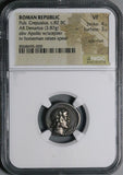 82 BC NGC VF Crepusius Roman Republic Apollo Horseman Spear Denarius (26041102C)