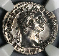 92 NGC AU Domitian Roman Empire Denarius Minerva Thunderbolt Spear Shield 4/5 5/5 (25100402C)