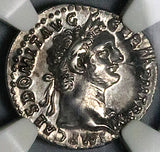92 NGC AU Domitian Roman Empire Denarius Minerva Thunderbolt Spear Shield 4/5 5/5 (25100402C)