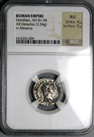 92 NGC AU Domitian Roman Empire Denarius Minerva Thunderbolt Spear Shield 4/5 5/5 (25100402C)