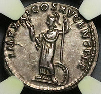 90 NGC Ch XF Domitian Roman Empire Denarius Minerva Shield Spear (24020201C)