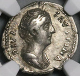 138 NGC VF Faustina Sr Roman Empire Posthumous Denarius Throne Peacock (25012704C)