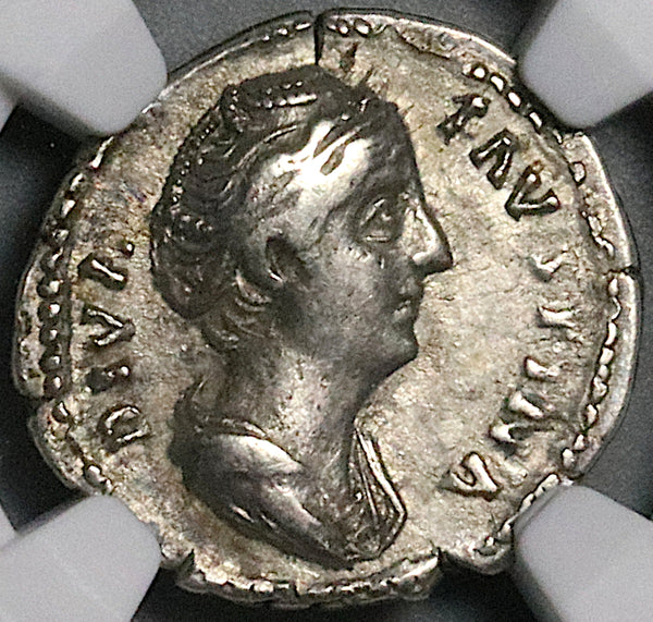 138 NGC VF Faustina Sr Roman Empire Posthumous Denarius Throne Peacock (25012704C)