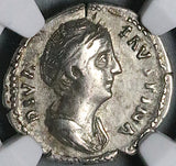 138 NGC VF Faustina Sr Roman Empire Posthumous Denarius Throne Peacock (25012704C)