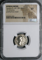 138 NGC VF Faustina Sr Roman Empire Posthumous Denarius Throne Peacock (25012704C)