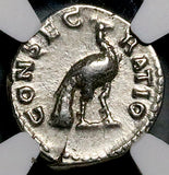 176 NGC Ch VF Faustina Jr Roman Empire Denarius Peacock Posthumous Marcus Aurelius (26070602C)