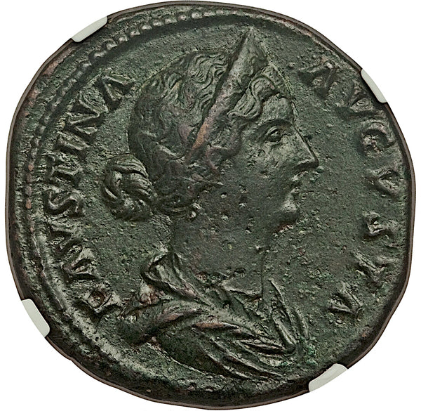 161 NGC Ch XF Faustina Jr Roman Empire Sestertius Baby Commodus Throne (24081706C)