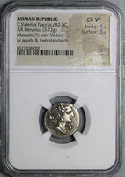 82 BC NGC Ch VF Flaccus Roman Republic Denarius Winged Victory Legionary Eagle (25081401C)