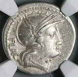 77 BC NGC VF Flaccus Roman Denarius Roma Biga Chariot Victory Wreath (26052203C)