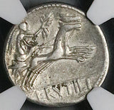 77 BC NGC VF Flaccus Roman Denarius Roma Biga Chariot Victory Wreath (26052203C)