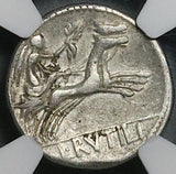 77 BC NGC VF Flaccus Roman Denarius Roma Biga Chariot Victory Wreath (26052203C)
