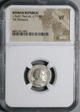 77 BC NGC VF Flaccus Roman Denarius Roma Biga Chariot Victory Wreath (26052203C)