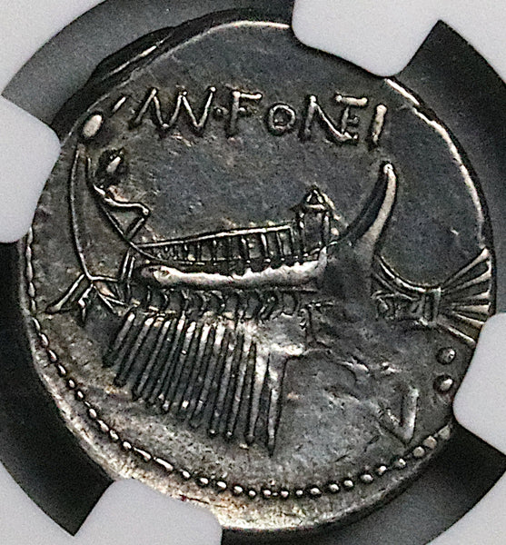 108 BC NGC XF Roman Republic AR Denarius Fonteius War Galley Dioscuri (25110502C)