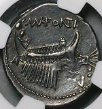 108 BC NGC XF Roman Republic AR Denarius Fonteius War Galley Dioscuri (25110502C)