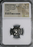 108 BC NGC XF Roman Republic AR Denarius Fonteius War Galley Dioscuri (25110502C)