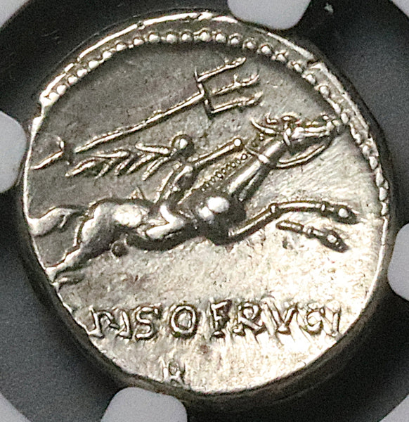 90 BC NGC XF Piso Frugi Roman Republic Denarius Apollo Horseman (24081703C)