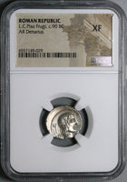 90 BC NGC XF Piso Frugi Roman Republic Denarius Apollo Horseman (24081703C)