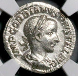 241 NGC XF Gordian III Denarius Roman Empire RARE Emperor Globe Spear (26051402C)