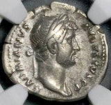 128 NGC Ch F Hadrian Roman Empire Denarius Minerva Athena Poetry (26092002C)
