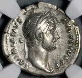 128 NGC Ch F Hadrian Roman Empire Denarius Minerva Athena Poetry (26092002C)