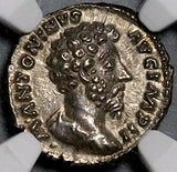163 NGC AU Roman Empire Marcus Aurelius Denarius Concordia Rare Cuirassed Head (26082603C)