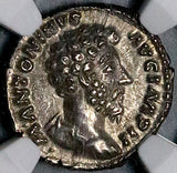 163 NGC AU Roman Empire Marcus Aurelius Denarius Concordia Rare Cuirassed Head (26082603C)