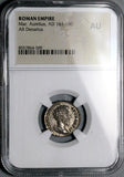 163 NGC AU Roman Empire Marcus Aurelius Denarius Concordia Rare Cuirassed Head (26082603C)