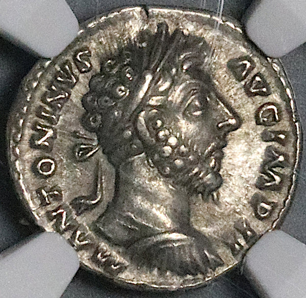 163 NGC Ch XF Marcus Aurelius Denarius Roman Empire Felicitas Curiassed Bust (24011701C)