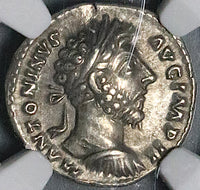 163 NGC Ch XF Marcus Aurelius Denarius Roman Empire Felicitas Curiassed Bust (24011701C)