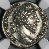 164 NGC Ch XF Marcus Aurelius Denarius Roman Empire Felicitas Rare Cuirassed Bust (25121701C)