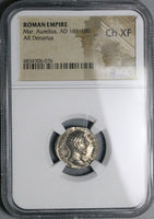 163 NGC Ch XF Marcus Aurelius Denarius Roman Empire Felicitas Curiassed Bust (24011701C)