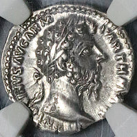 169 NGC AU Marcus Aurelius Roman Empire Denarius Fortuna German Wars (23060802C)