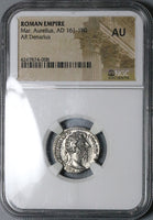169 NGC AU Marcus Aurelius Roman Empire Denarius Fortuna German Wars (23060802C)