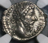 170 NGC XF Marcus Aurelius Denarius Roman Empire Jupiter Thunderbolt (26041002C)