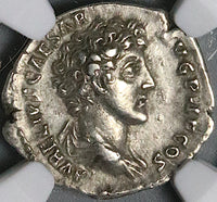 140 NGC XF Marcus Aurelius Roman Empire Denarius Caesar Juventas (23111201C)