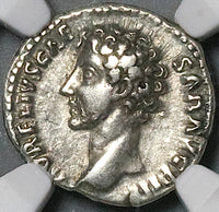 149 NGC VF Roman Empire Marcus Aurelius Caesar Denarius Rare Portrait Minerva (25020402C)