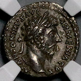 165 NGC XF Marcus Aurelius Denarius Roman Empire Roma Shield Spear (26091602C)