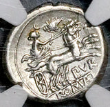 169 BC NGC Ch XF Furius Purpurio Roman Republic Denarius Luna Biga Roma (26101205C)