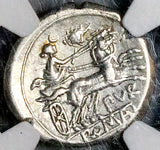 169 BC NGC Ch XF Furius Purpurio Roman Republic Denarius Luna Biga Roma (26101205C)
